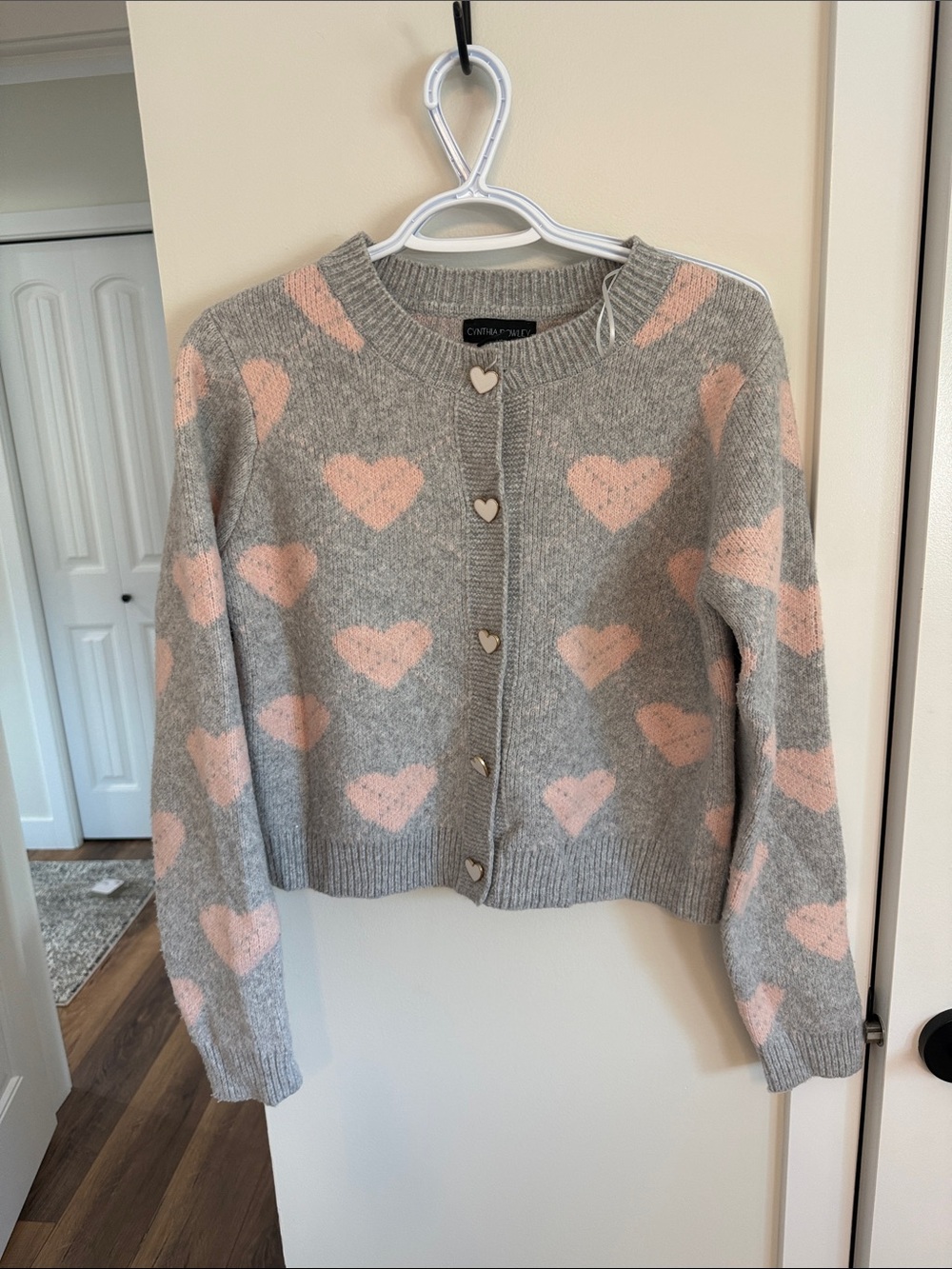 Cynthia Rowley Gray Cardigan with Pink Heart Pattern